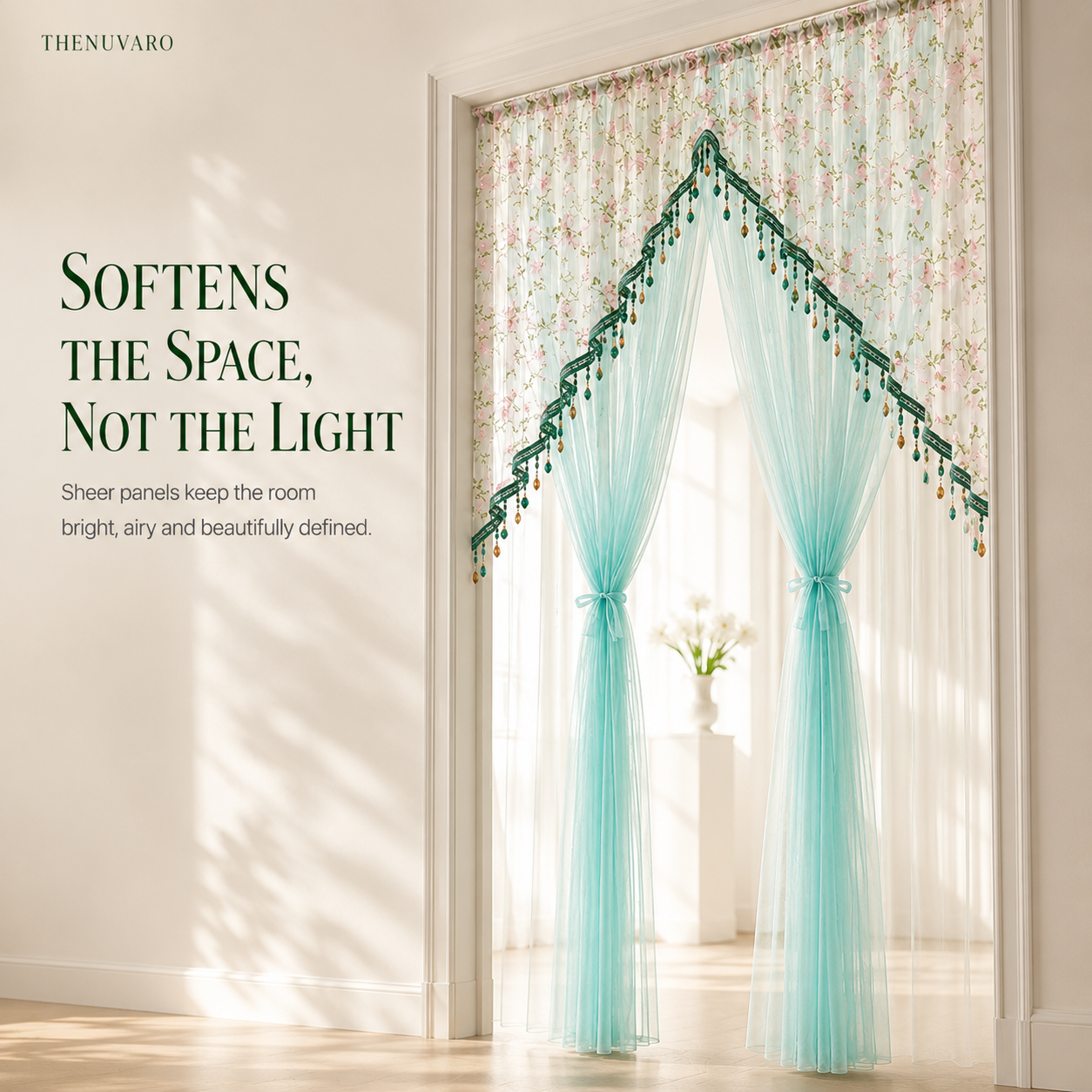 🌸 Extra-Wide Embroidered Beaded Doorway Curtain – Romantic Sheer Tie-Back Divider