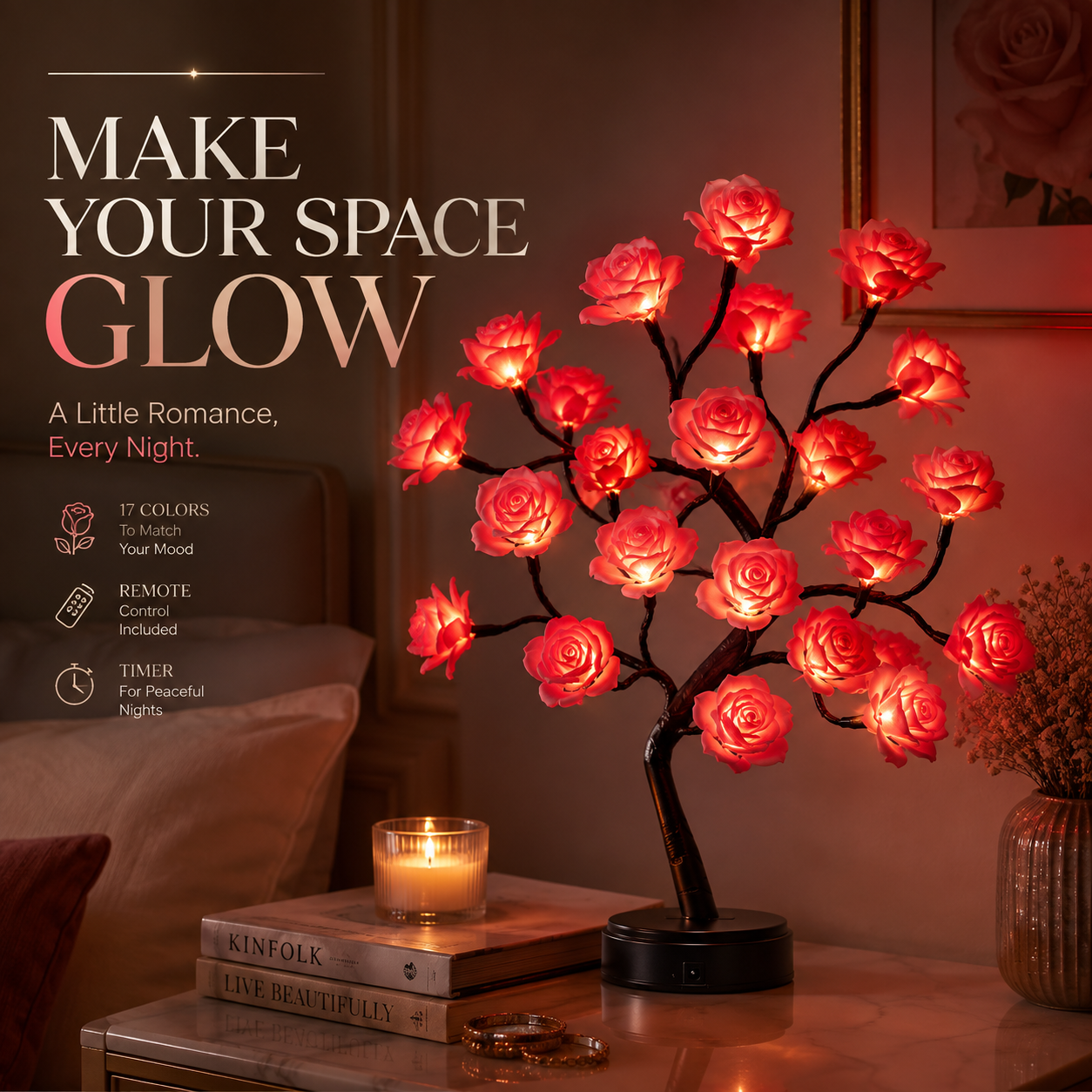 🌹 LED Rose Flower Tree Lamp – 17-Color Remote-Controlled Ambient Light