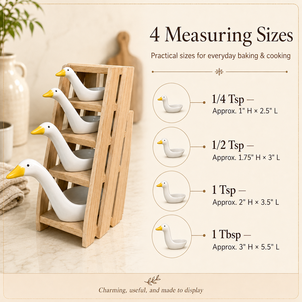 🪿 Ceramic Duck Measuring Spoon Set with Wooden Display Rack – 4 Sizes