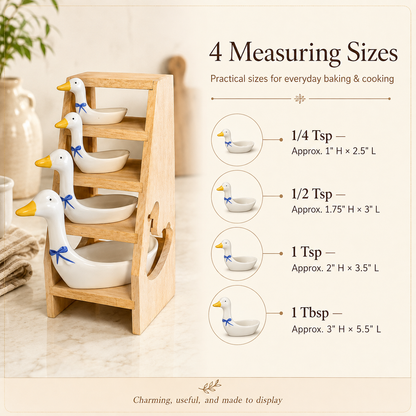 🪿 Ceramic Duck Measuring Spoon Set with Wooden Display Rack – 4 Sizes