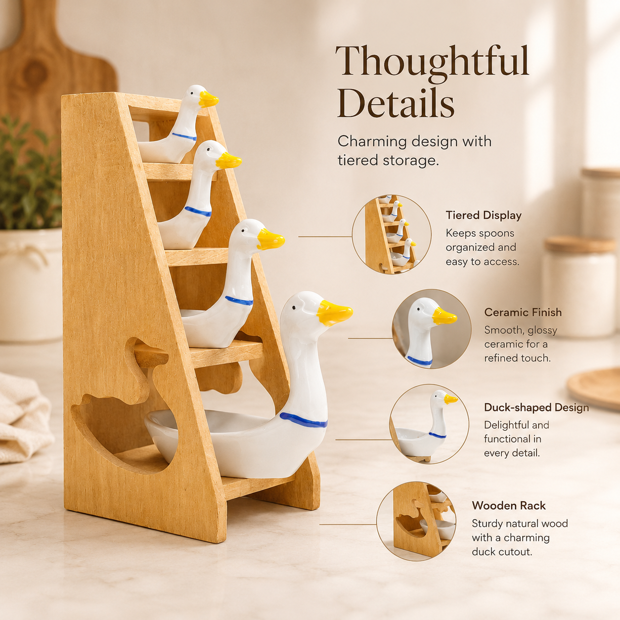 🪿 Ceramic Duck Measuring Spoon Set with Wooden Display Rack – 4 Sizes