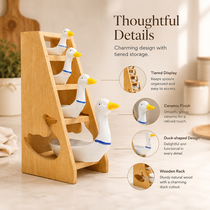 🪿 Ceramic Duck Measuring Spoon Set with Wooden Display Rack – 4 Sizes