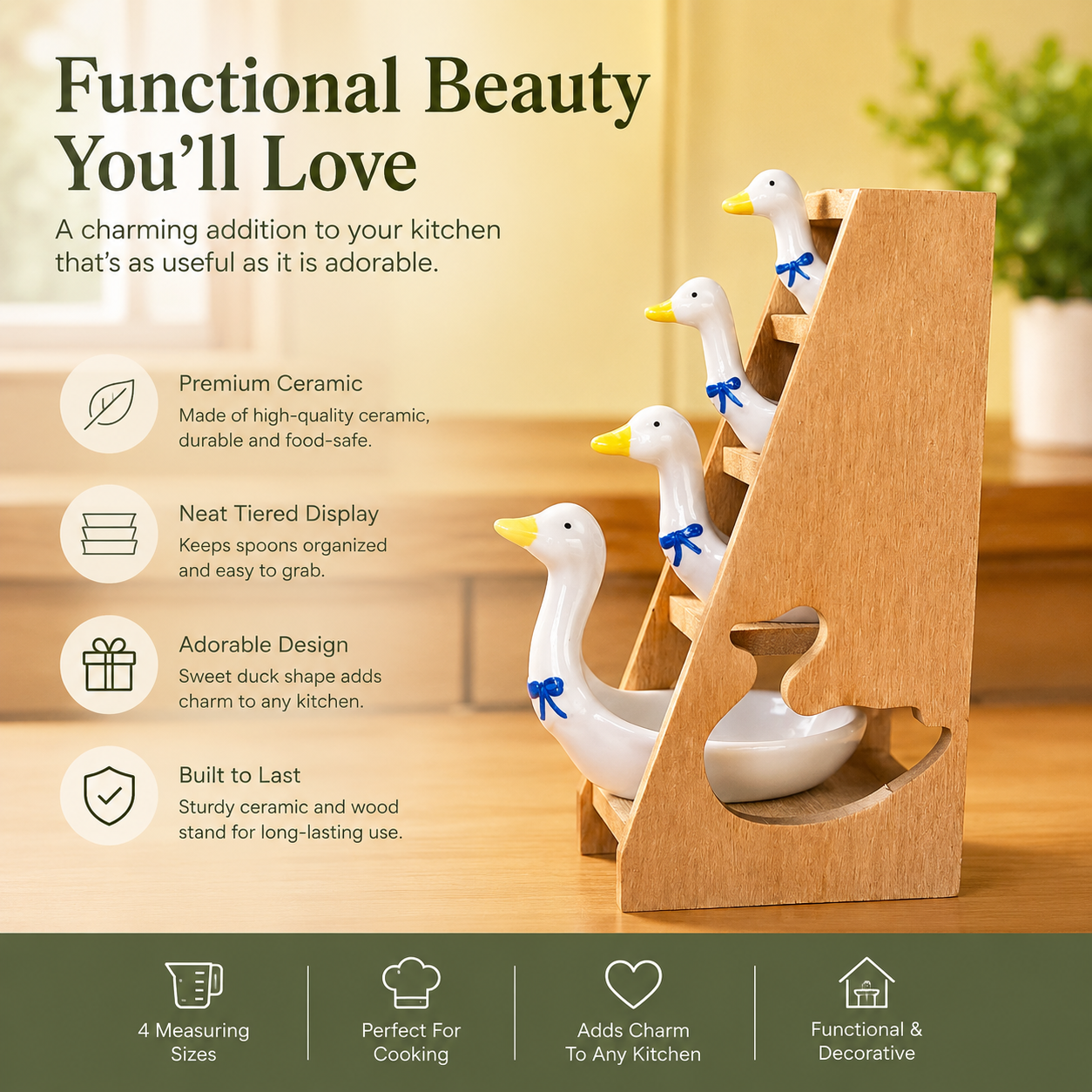 🪿 Ceramic Duck Measuring Spoon Set with Wooden Display Rack – 4 Sizes