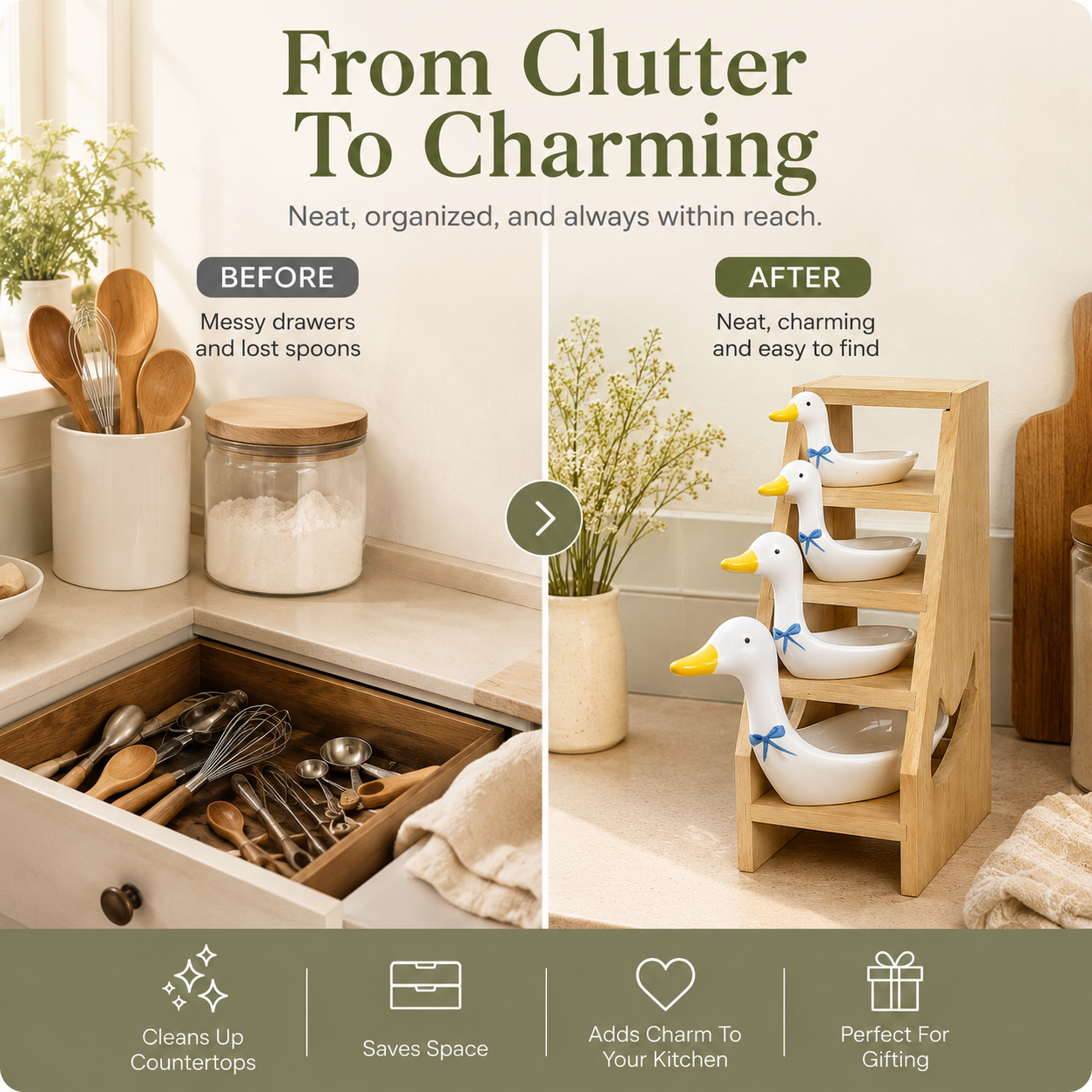 🪿 Ceramic Duck Measuring Spoon Set with Wooden Display Rack – 4 Sizes