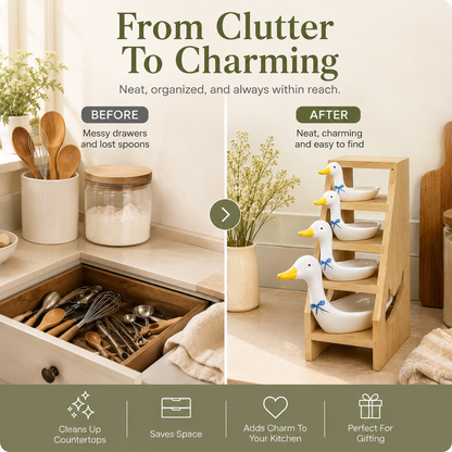 🪿 Ceramic Duck Measuring Spoon Set with Wooden Display Rack – 4 Sizes