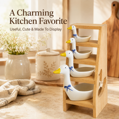 🪿 Ceramic Duck Measuring Spoon Set with Wooden Display Rack – 4 Sizes
