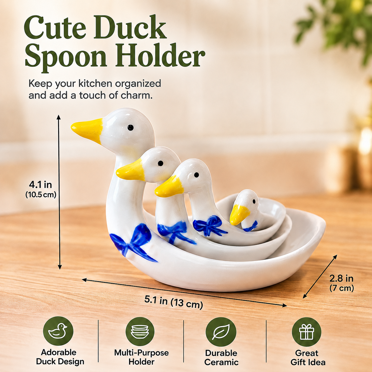 🪿 Ceramic Duck Measuring Spoon Set with Wooden Display Rack – 4 Sizes