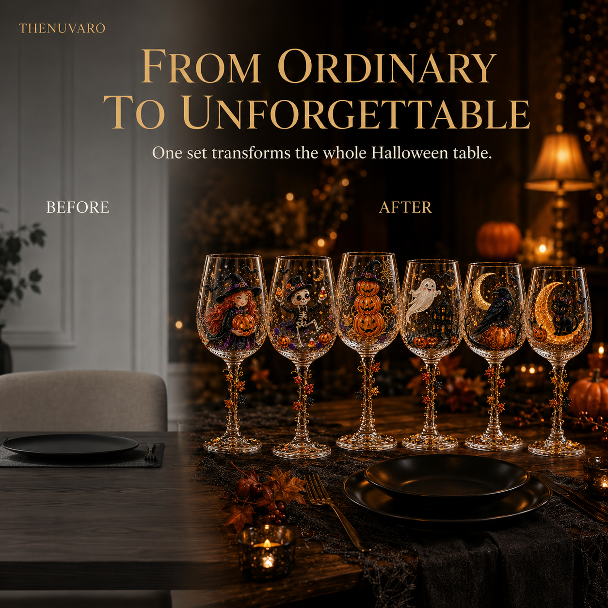 🎃 6-Piece Halloween Decorative Wine Glass Set – Spooky Collectible Goblets