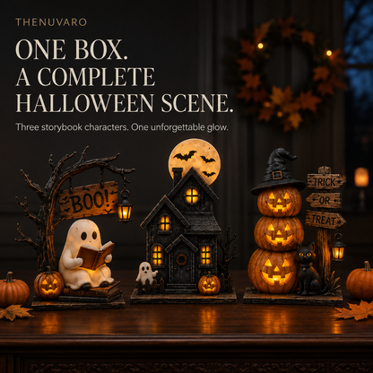🎃 3-Piece Lighted Halloween Tabletop Décor Set – Ghost, Haunted House & Pumpkin Cat