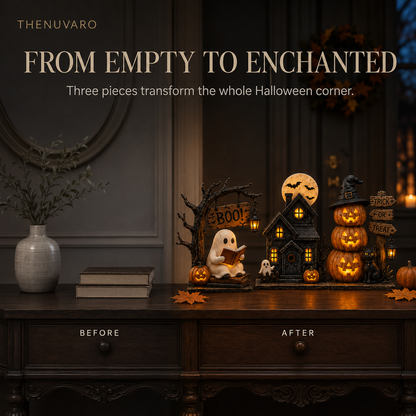 🎃 3-Piece Lighted Halloween Tabletop Décor Set – Ghost, Haunted House & Pumpkin Cat