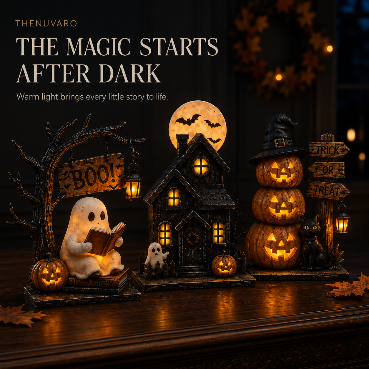 🎃 3-Piece Lighted Halloween Tabletop Décor Set – Ghost, Haunted House & Pumpkin Cat