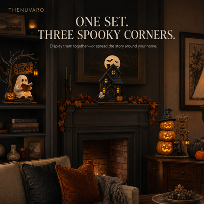 🎃 3-Piece Lighted Halloween Tabletop Décor Set – Ghost, Haunted House & Pumpkin Cat