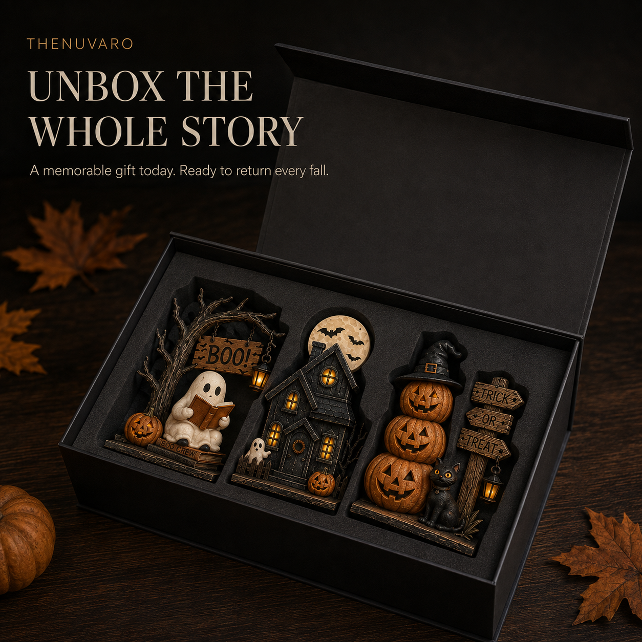 🎃 3-Piece Lighted Halloween Tabletop Décor Set – Ghost, Haunted House & Pumpkin Cat