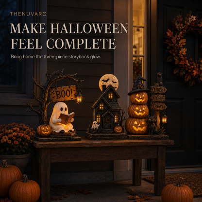🎃 3-Piece Lighted Halloween Tabletop Décor Set – Ghost, Haunted House & Pumpkin Cat