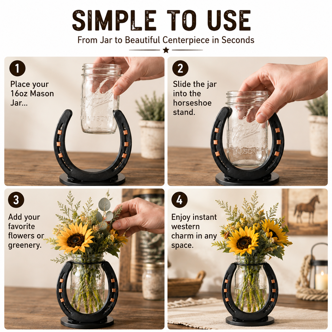 Horse shoe Flower Mason Jar Vase