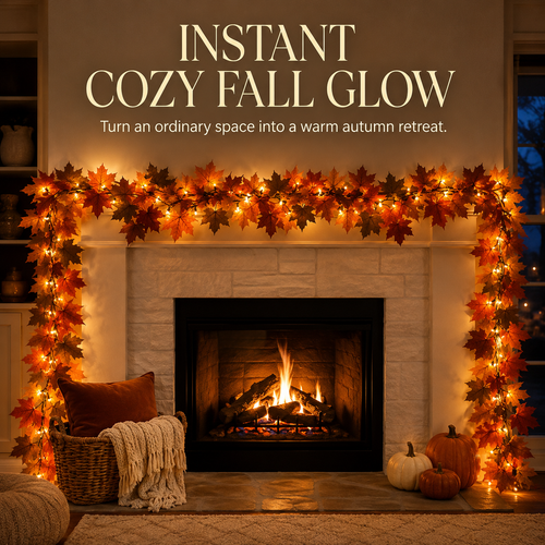 🍂 Lighted Autumn Maple Leaf Garland – Warm LED Fall Mantel, Window & Doorway Decor