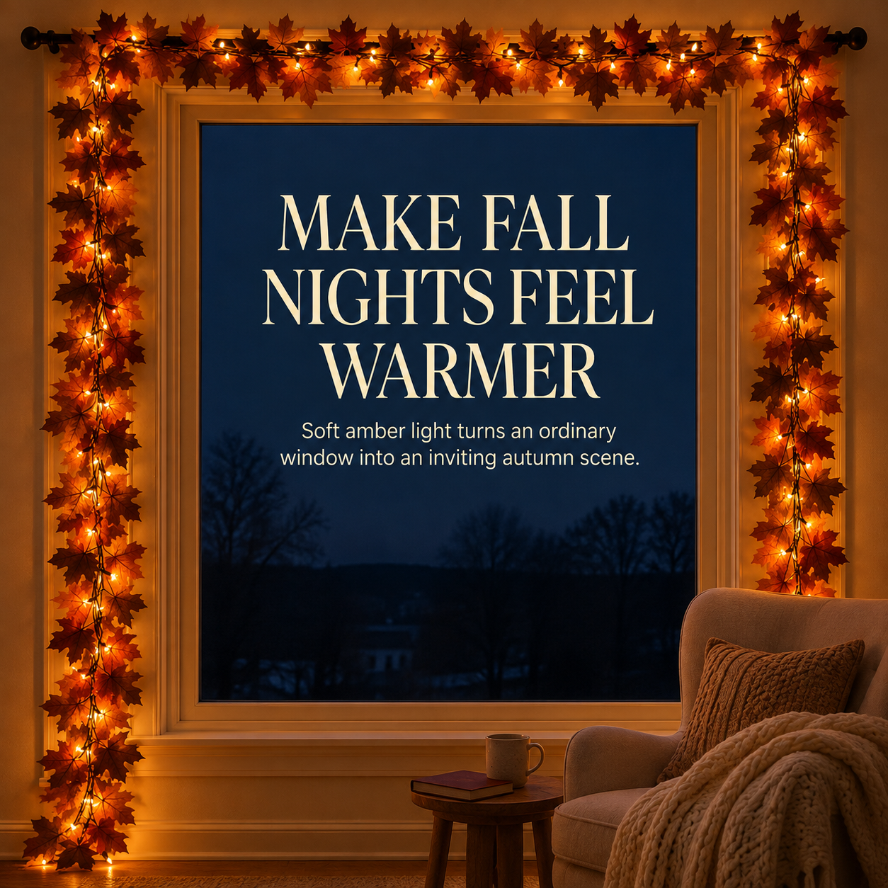 🍂 Lighted Autumn Maple Leaf Garland – Warm LED Fall Mantel, Window & Doorway Decor