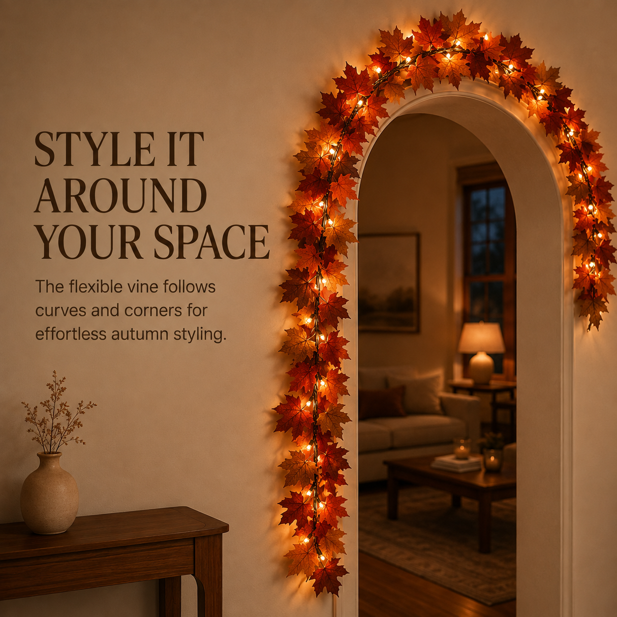 🍂 Lighted Autumn Maple Leaf Garland – Warm LED Fall Mantel, Window & Doorway Decor