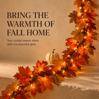 🍂 Lighted Autumn Maple Leaf Garland – Warm LED Fall Mantel, Window & Doorway Decor