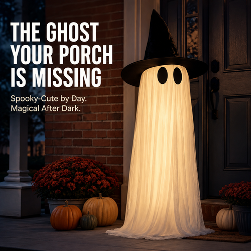👻 Light-Up Witch Hat Ghost – Spooky-Cute Halloween Porch Decoration