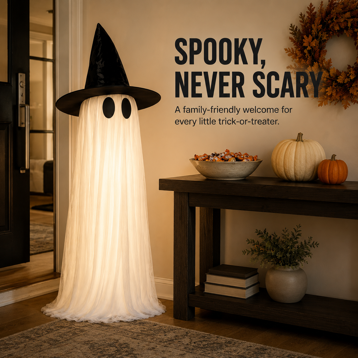 👻 Light-Up Witch Hat Ghost – Spooky-Cute Halloween Porch Decoration