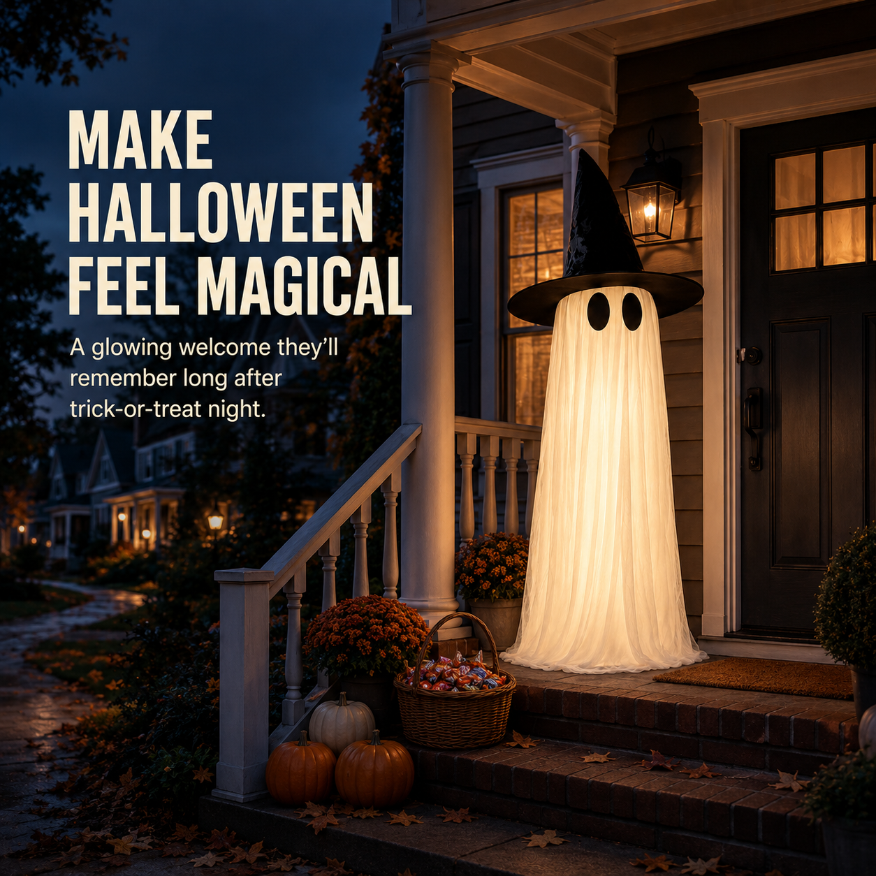 👻 Light-Up Witch Hat Ghost – Spooky-Cute Halloween Porch Decoration