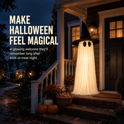 👻 Light-Up Witch Hat Ghost – Spooky-Cute Halloween Porch Decoration