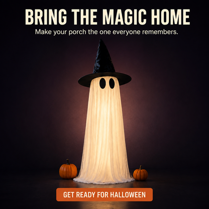 👻 Light-Up Witch Hat Ghost – Spooky-Cute Halloween Porch Decoration
