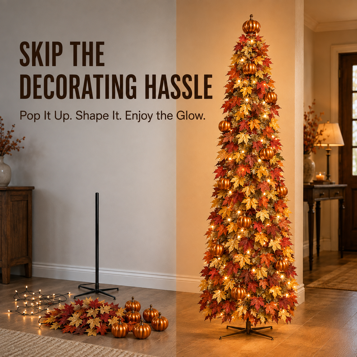 🍂 Pre-Lit Pop-Up Fall Tree – Quick-Setup Maple Leaf & Pumpkin Harvest Decor