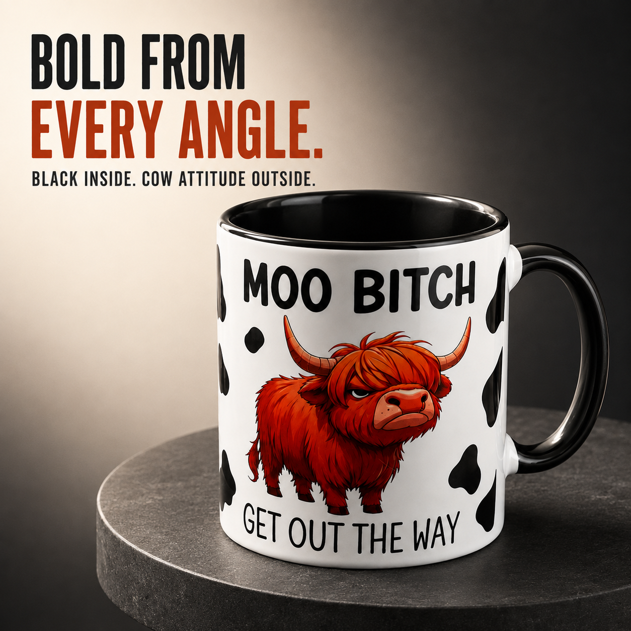 🐮 Moo Bitch, Get Out the Way Mug – Funny Highland Cow Two-Tone Coffee Cup