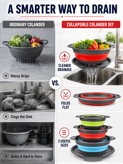🥗 Collapsible Colander Set – Self-Draining Silicone Strainers with 3 Sizes for Space-Saving Kitchen Prep
