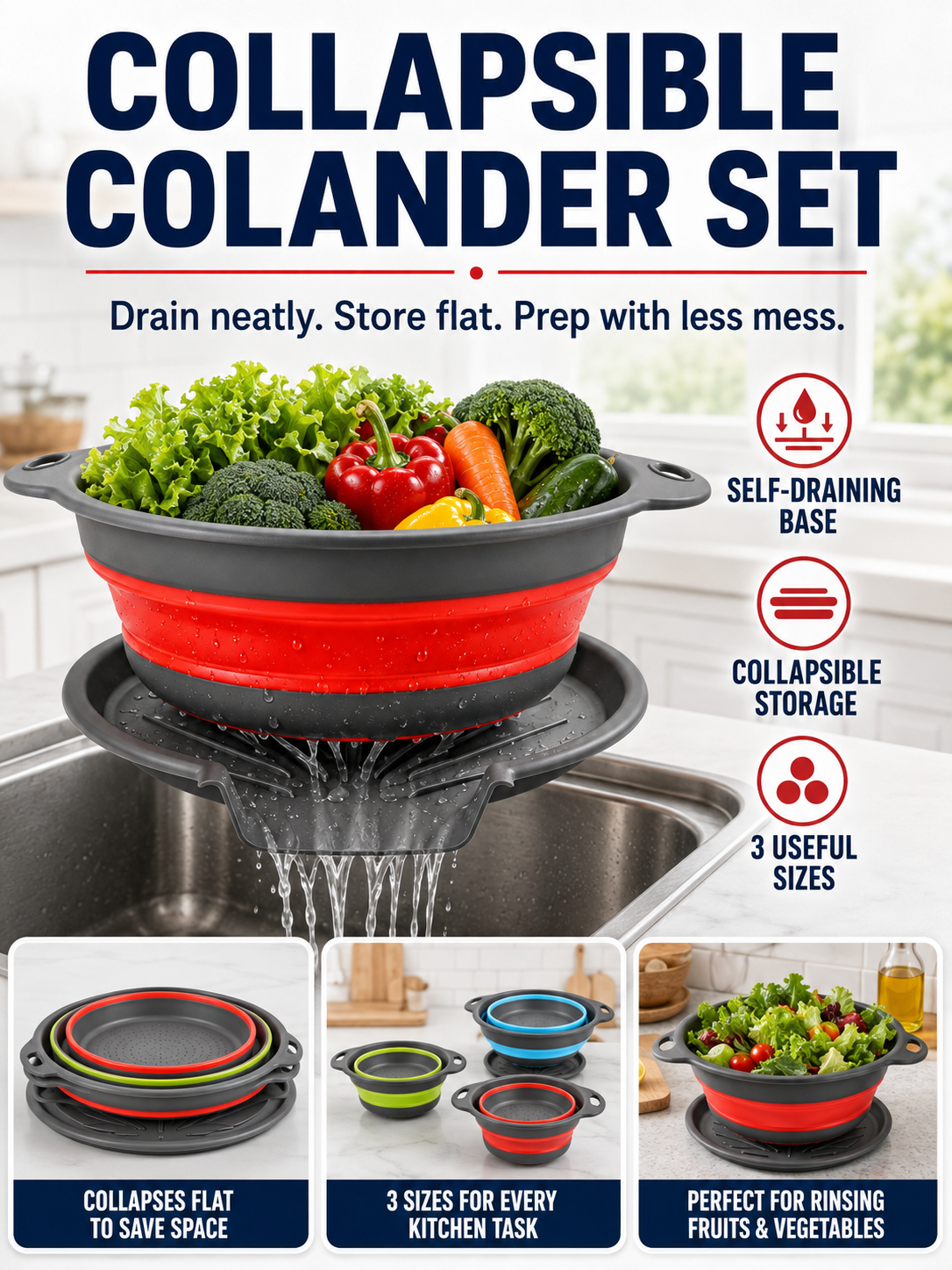 🥗 Collapsible Colander Set – Self-Draining Silicone Strainers with 3 Sizes for Space-Saving Kitchen Prep