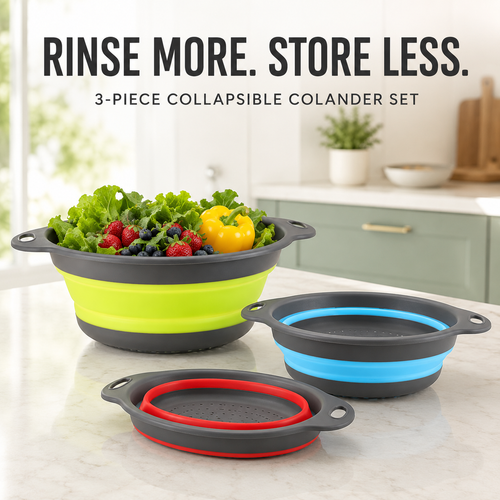 🥬 3-Piece Collapsible Colander Set – Space-Saving Kitchen Strainers for Pasta, Fruit & Vegetables