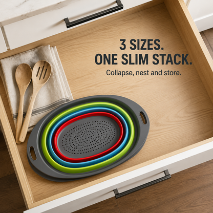 🥬 3-Piece Collapsible Colander Set – Space-Saving Kitchen Strainers for Pasta, Fruit & Vegetables