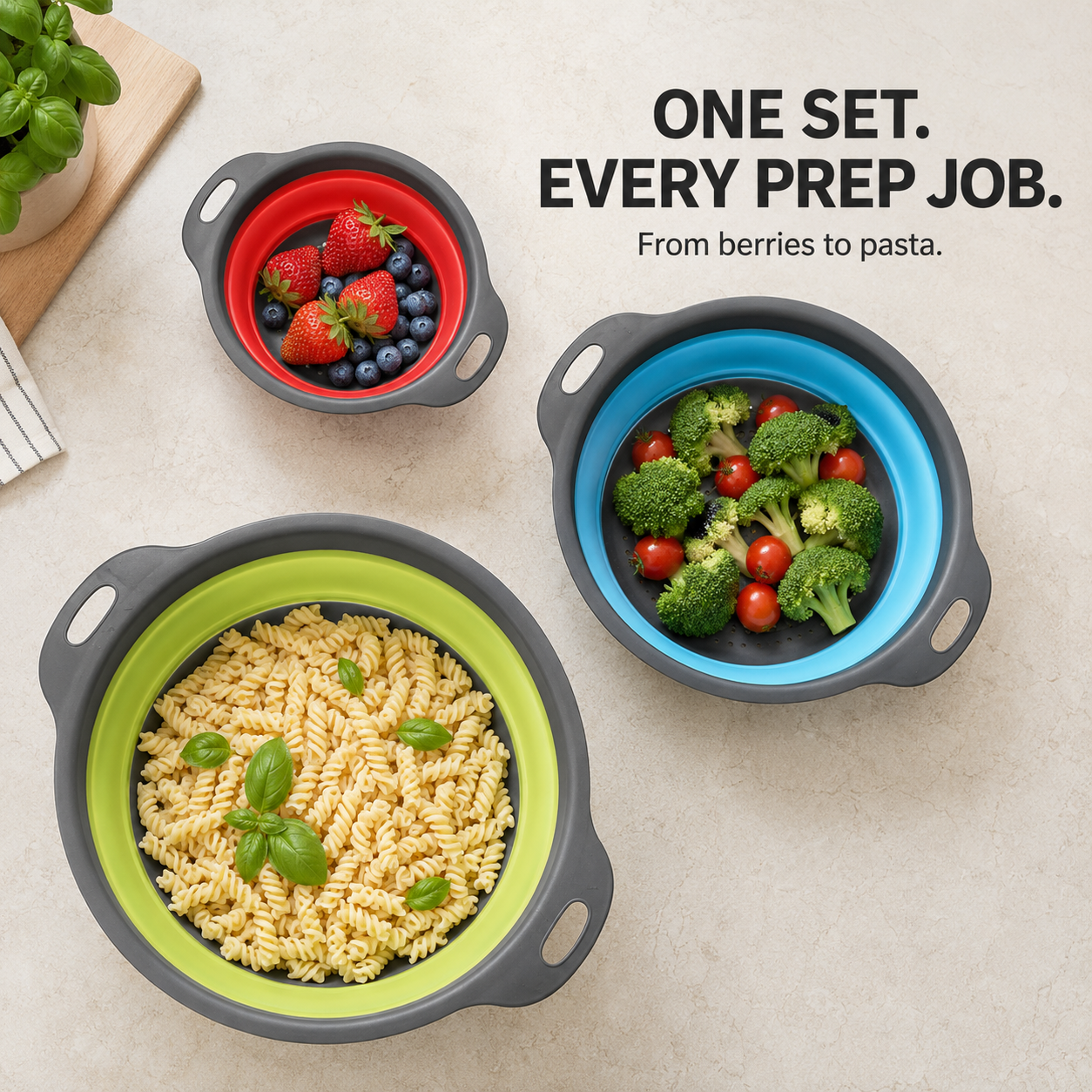 🥬 3-Piece Collapsible Colander Set – Space-Saving Kitchen Strainers for Pasta, Fruit & Vegetables