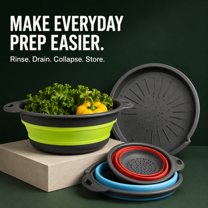 🥬 3-Piece Collapsible Colander Set – Space-Saving Kitchen Strainers for Pasta, Fruit & Vegetables