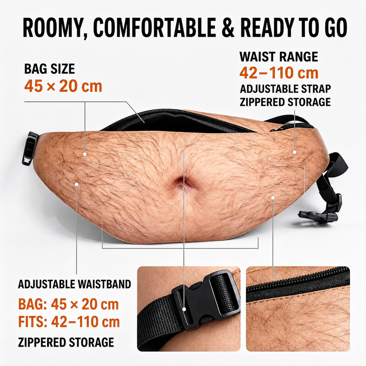 Beer belly fanny pack dimensions and adjustable waist range