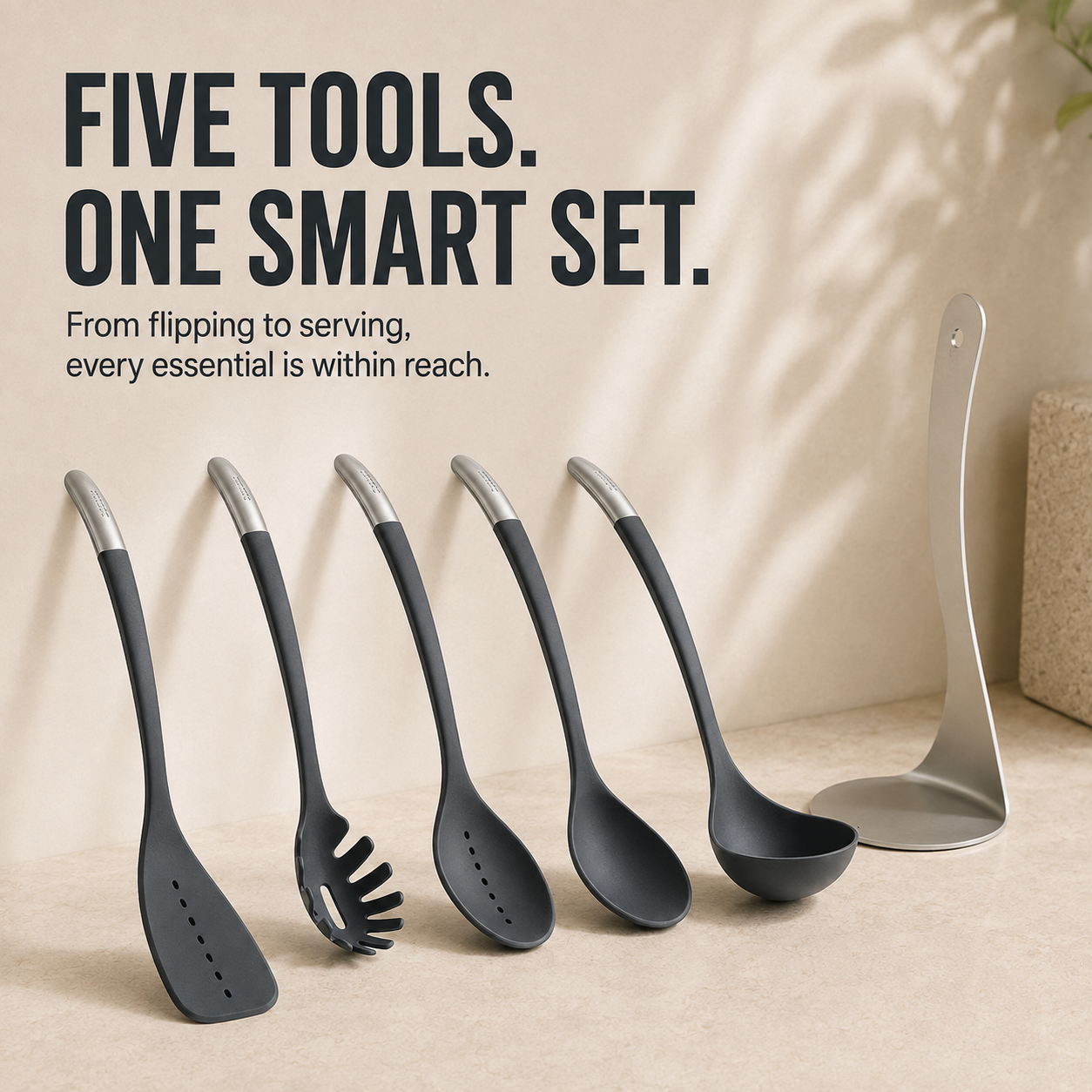 🍳 5-Piece Magnetic Nesting Kitchen Utensil Set with Storage Stand
