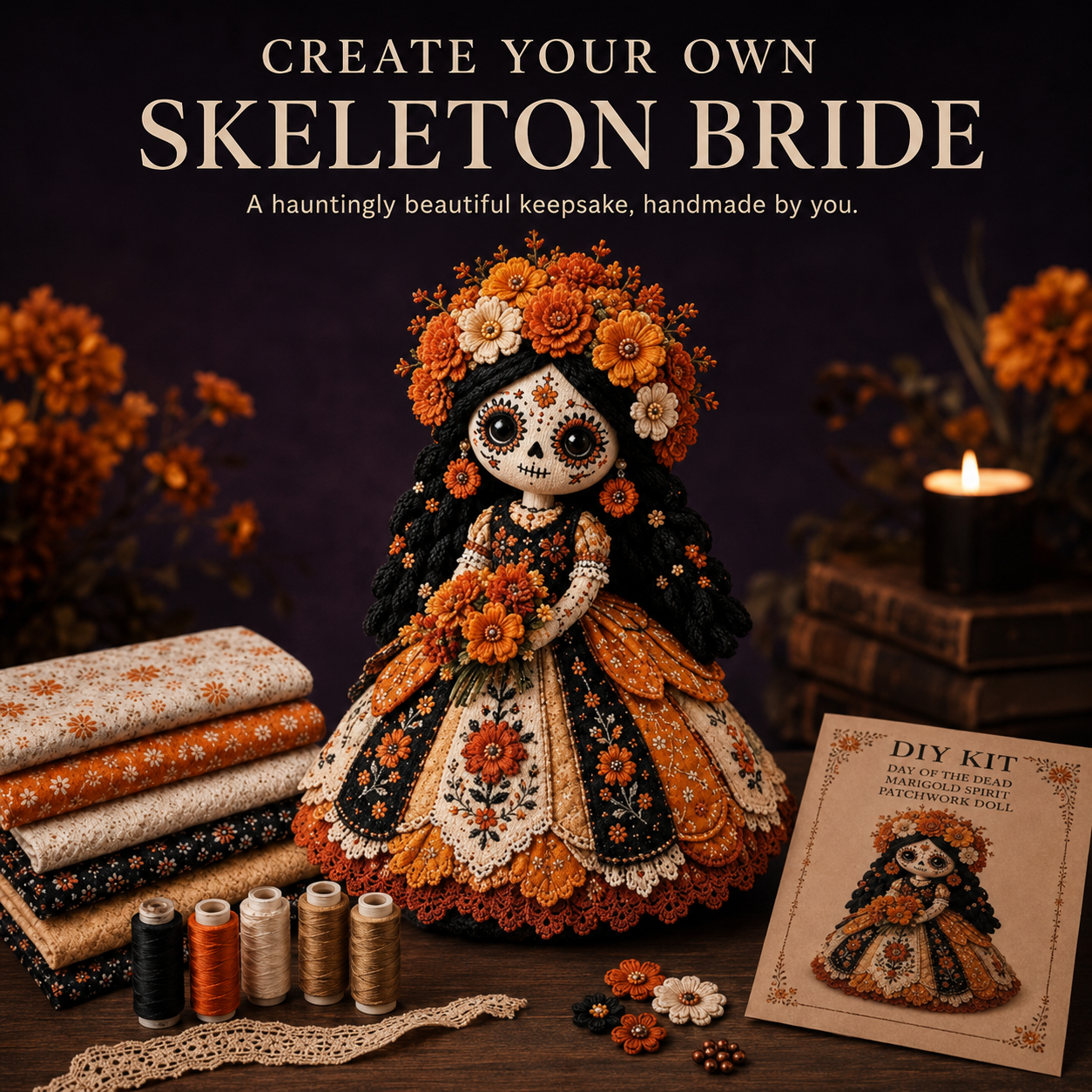 🌼 Day of the Dead-Inspired Skeleton Bride DIY Kit – Handmade Patchwork Doll