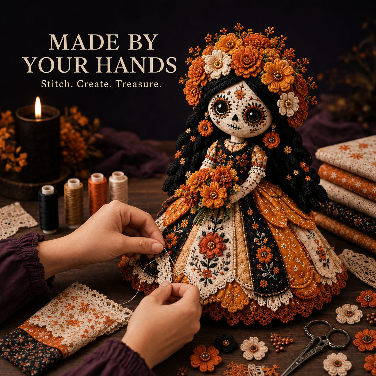 🌼 Day of the Dead-Inspired Skeleton Bride DIY Kit – Handmade Patchwork Doll
