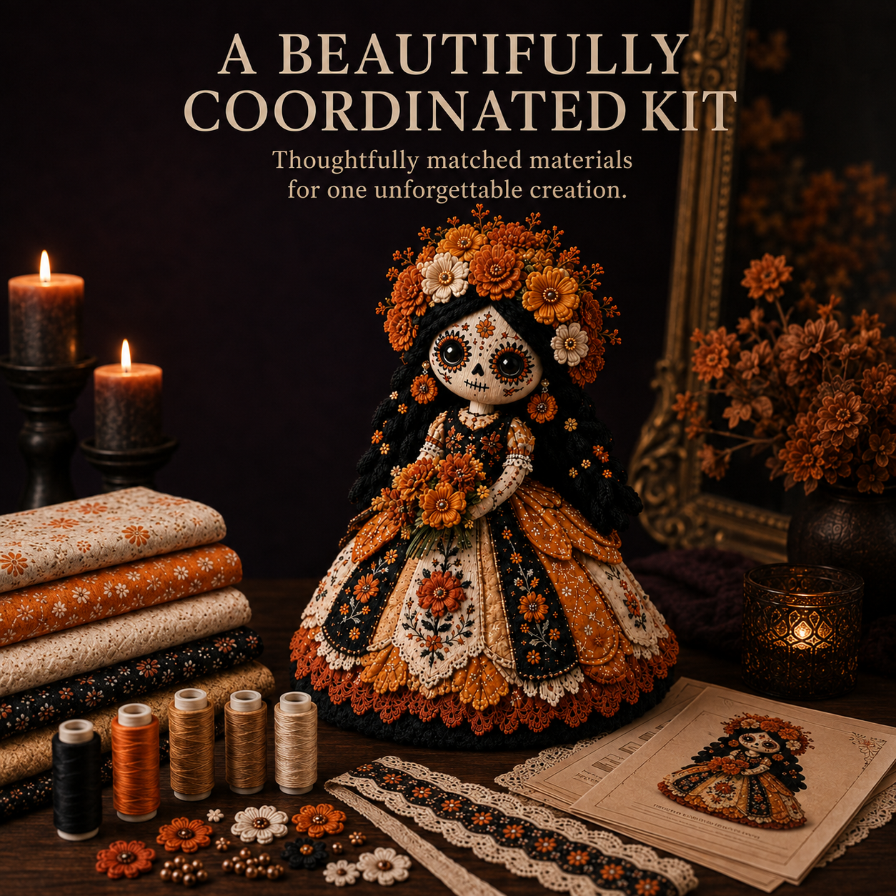 🌼 Day of the Dead-Inspired Skeleton Bride DIY Kit – Handmade Patchwork Doll
