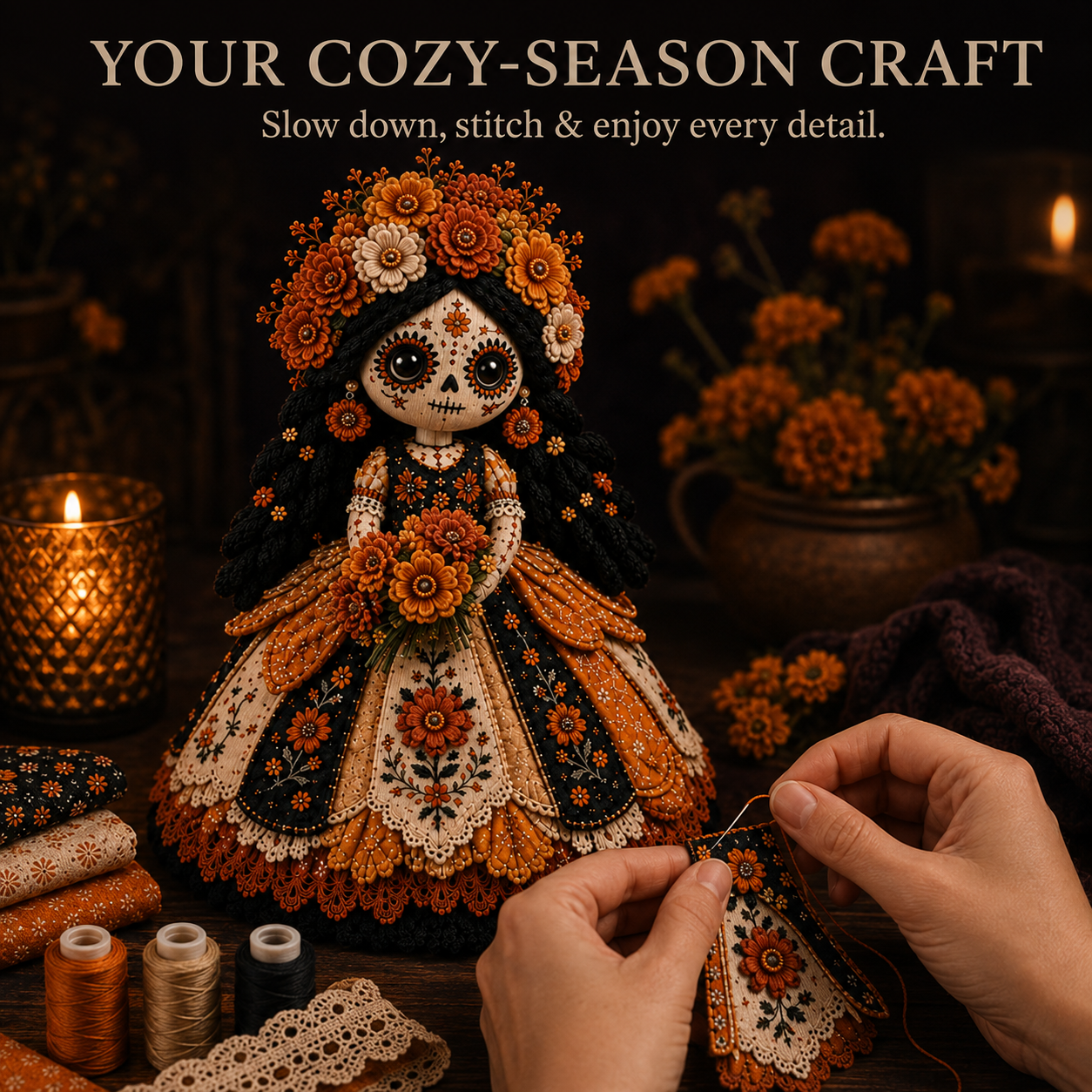 🌼 Day of the Dead-Inspired Skeleton Bride DIY Kit – Handmade Patchwork Doll