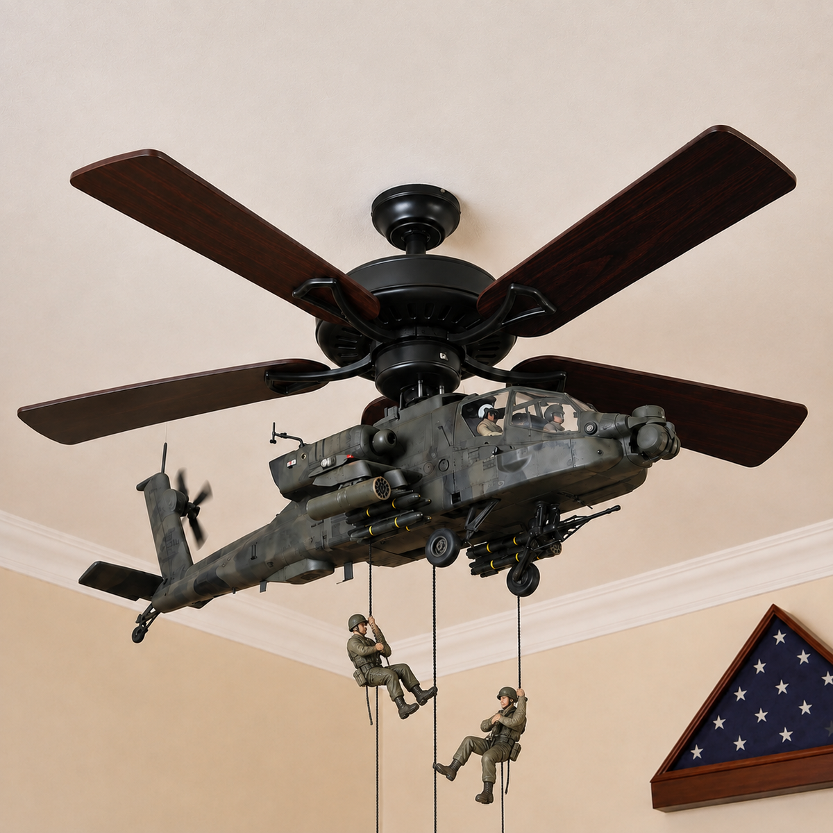 🚁 Military Helicopter Ceiling Fan Decor – Realistic Hanging Ornament for Man Cave & Home.