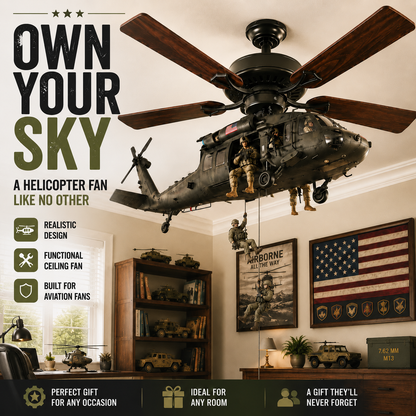 🚁 Military Helicopter Ceiling Fan Decor – Realistic Hanging Ornament for Man Cave & Home.