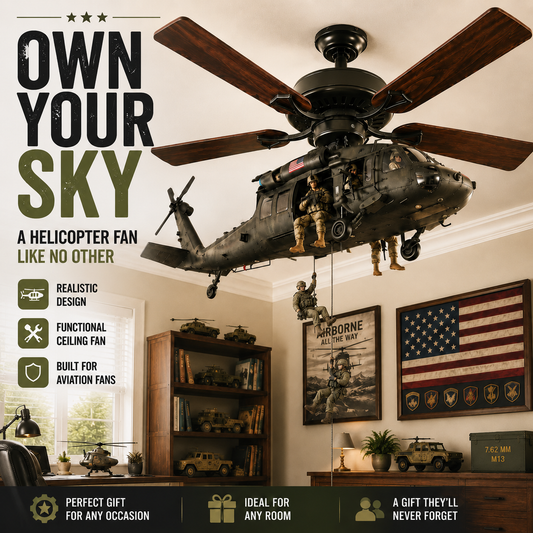 🚁 Military Helicopter Ceiling Fan Decor – Realistic Hanging Ornament for Man Cave & Home.