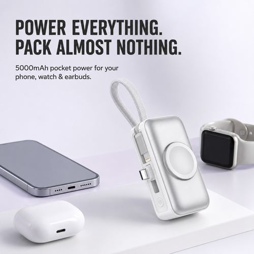 🔋 3-in-1 Mini Power Bank – Phone Charger, Watch Charger & Foldable Stand