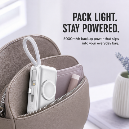 🔋 3-in-1 Mini Power Bank – Phone Charger, Watch Charger & Foldable Stand