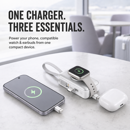 🔋 3-in-1 Mini Power Bank – Phone Charger, Watch Charger & Foldable Stand