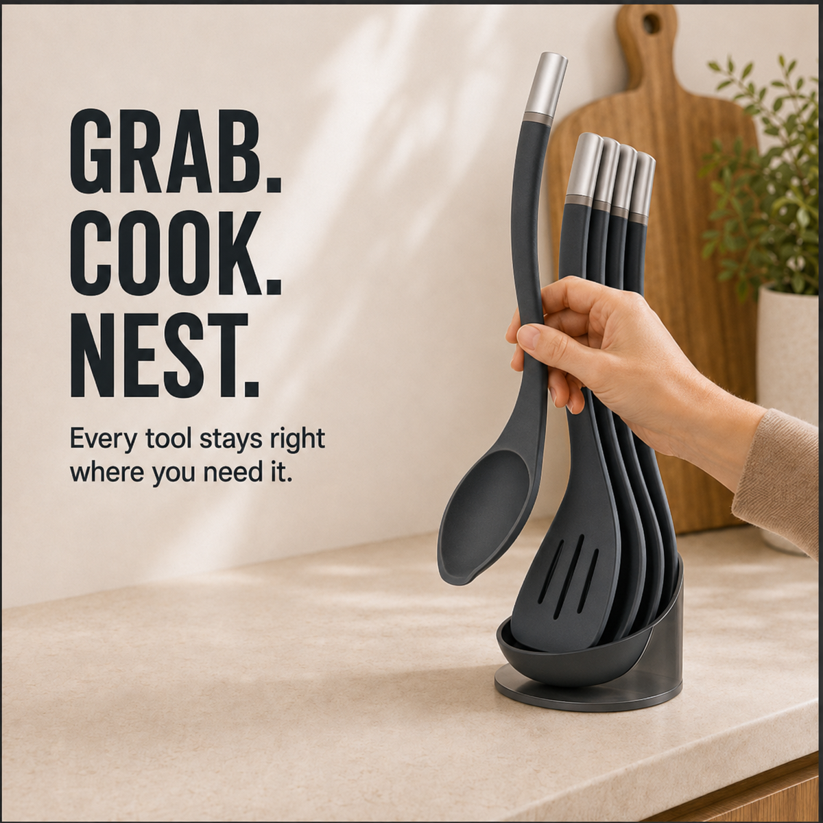 🍳 5-Piece Magnetic Nesting Kitchen Utensil Set with Storage Stand