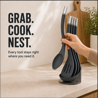 🍳 5-Piece Magnetic Nesting Kitchen Utensil Set with Storage Stand